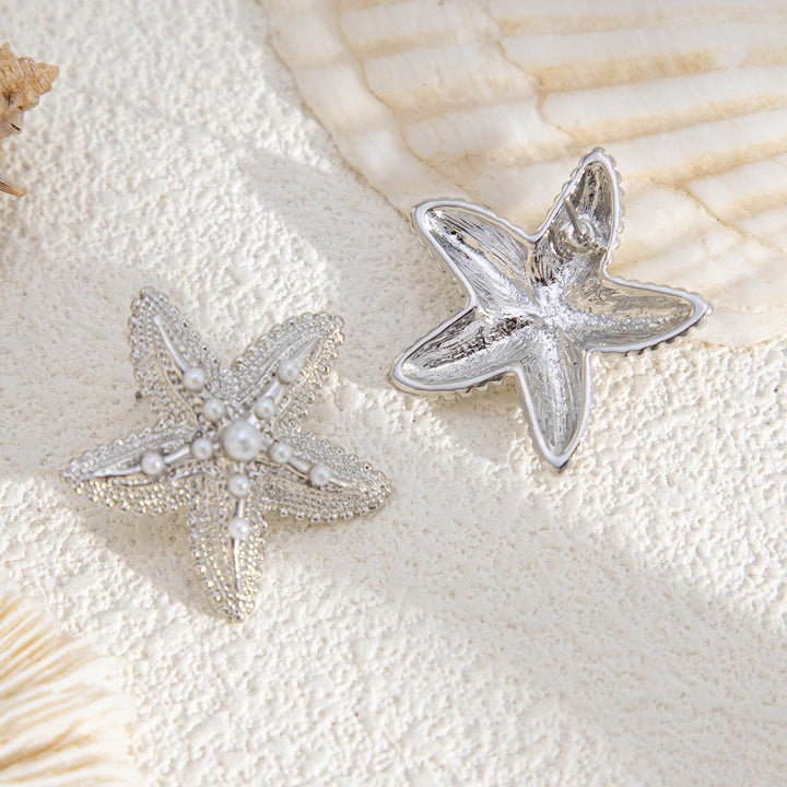 Silver-Plated Pearls Beaded Star Shaped Studs
