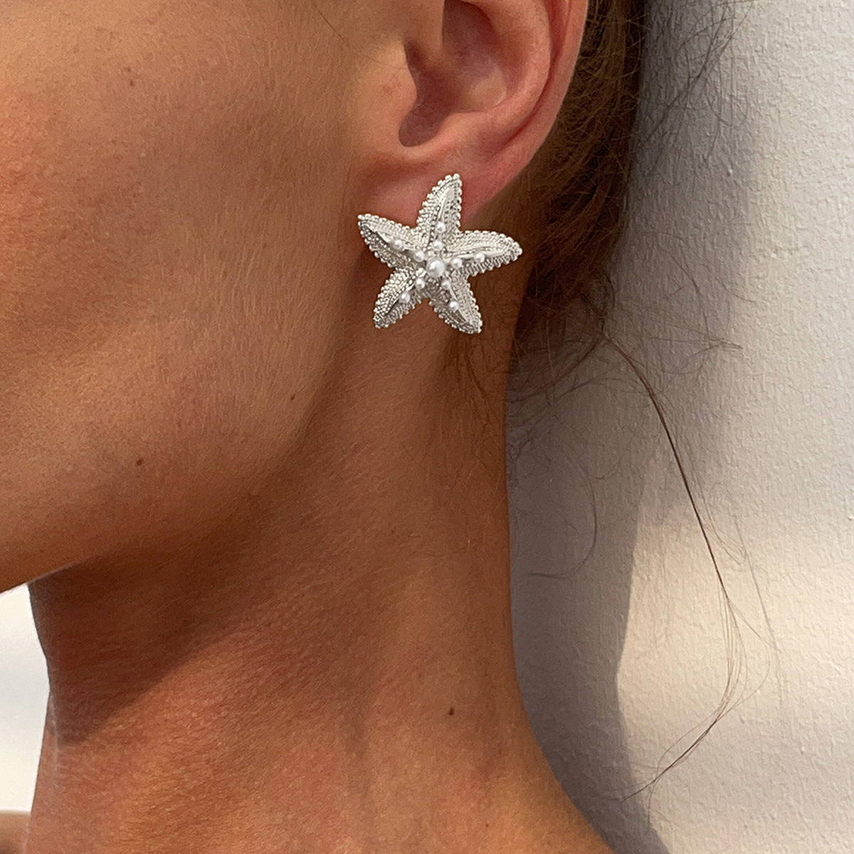 Silver-Plated Pearls Beaded Star Shaped Studs