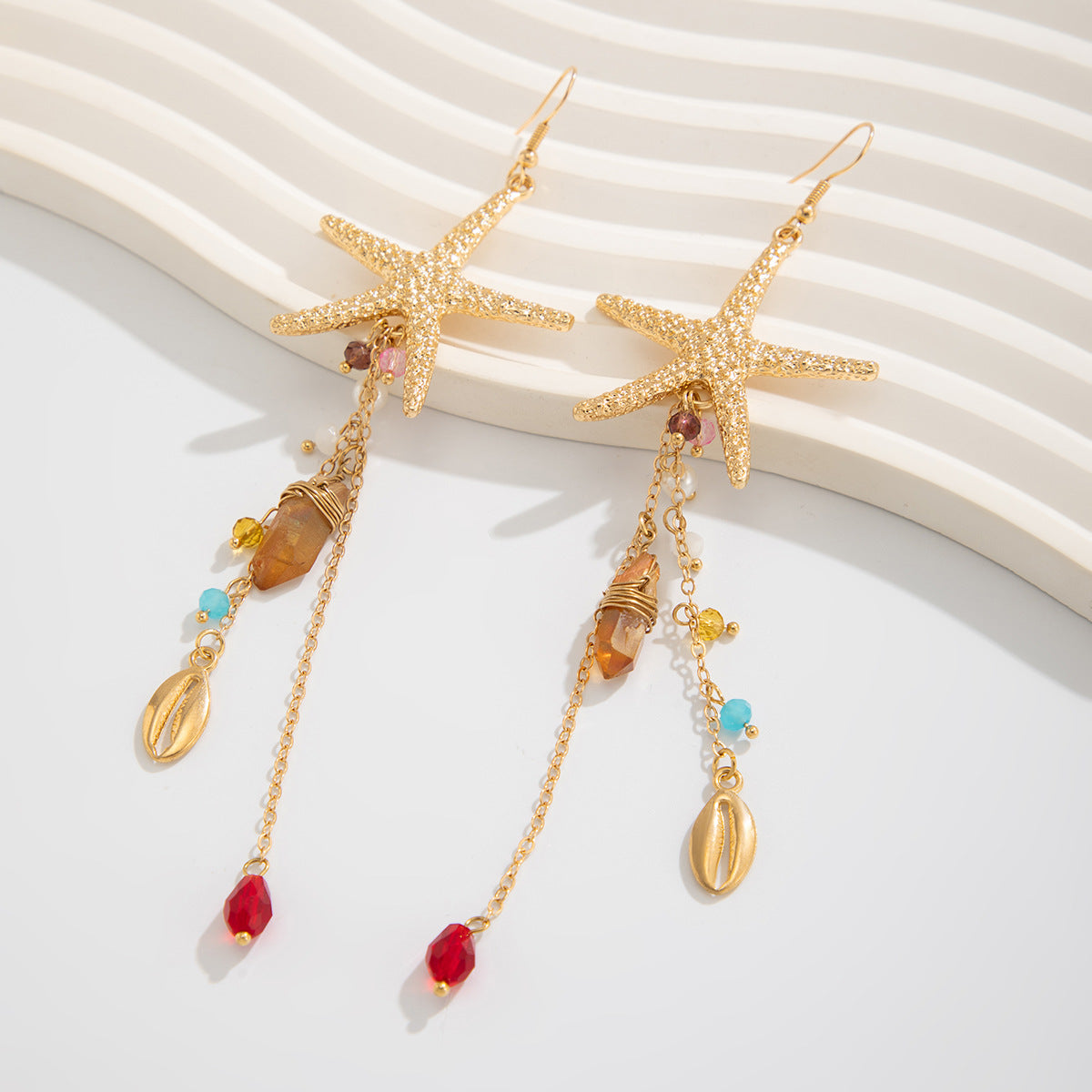 Gold Plated Artificial Studded And Beaded Contemporary Drop Earrings