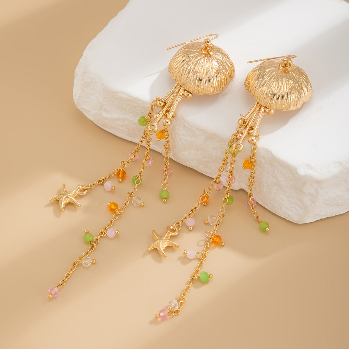 Gold Plated Artificial Beaded Contemporary Drop Earrings