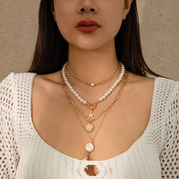 White Gold-Plated Pearls Studded Layered Chain