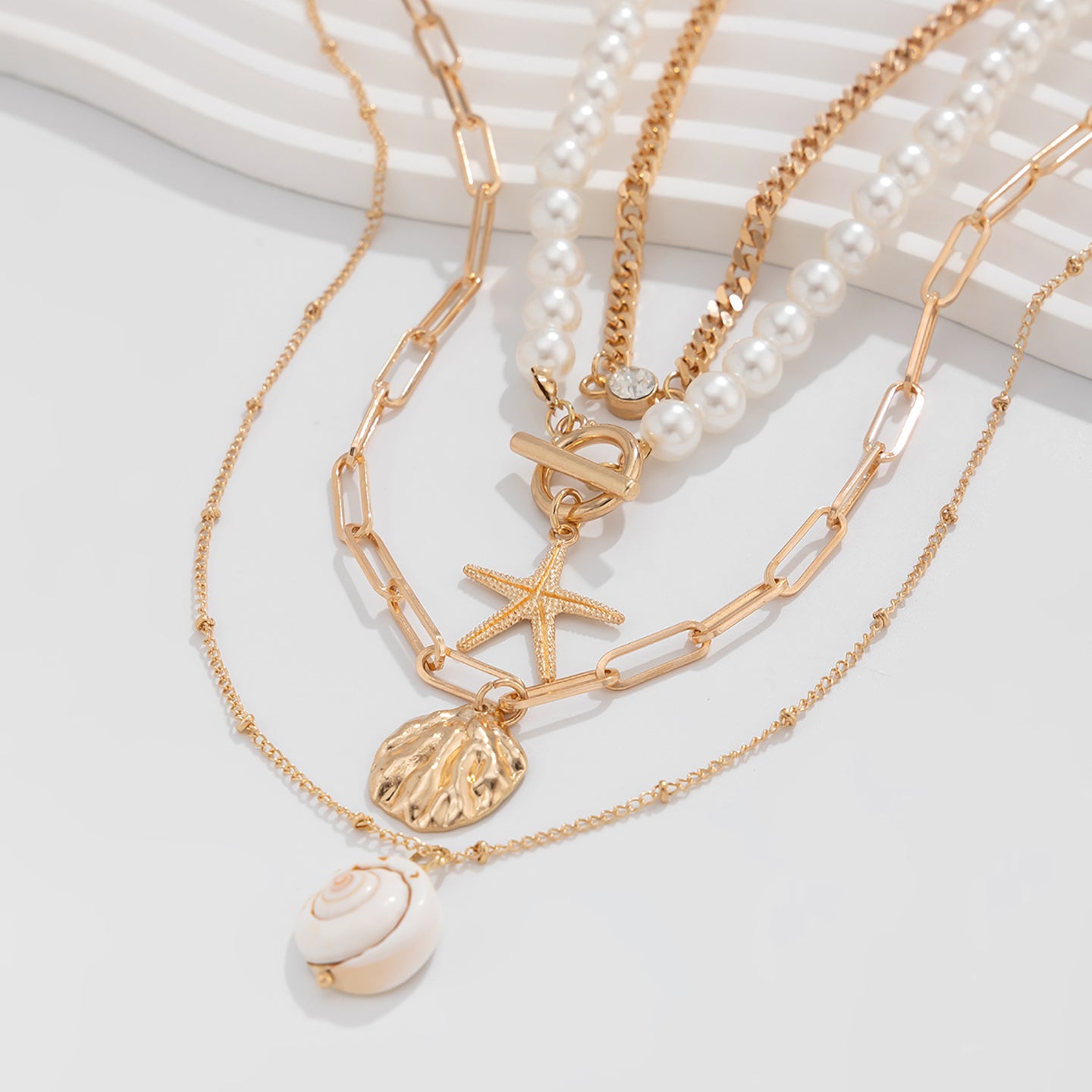 White Gold-Plated Pearls Studded Layered Chain