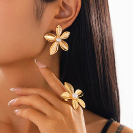 Gold Plated Pearls beaded Floral Shaped Studs with Finger Ring