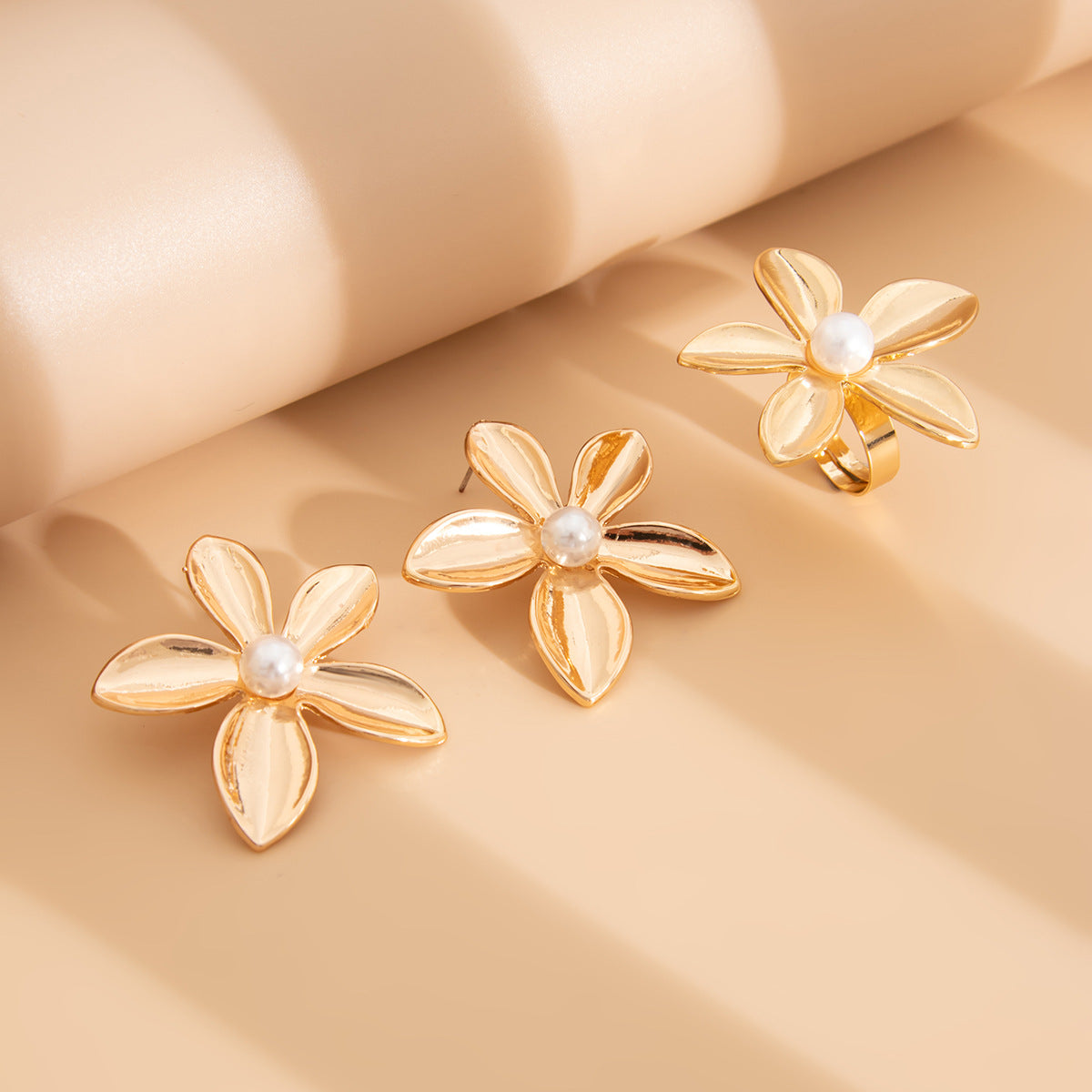 Gold Plated Pearls beaded Floral Shaped Studs with Finger Ring