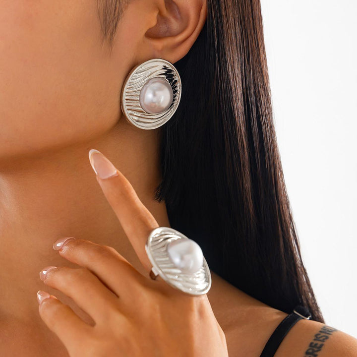 Silver-Plated Beads Beaded Circular Finger Ring and Earrings