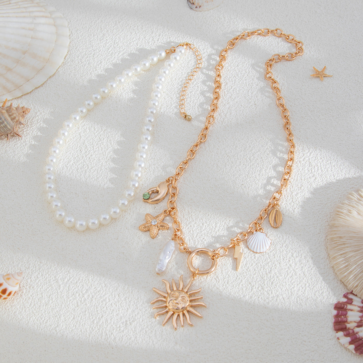Set Of 2 Gold-Plated Stones Studded Statement Necklace & Chain