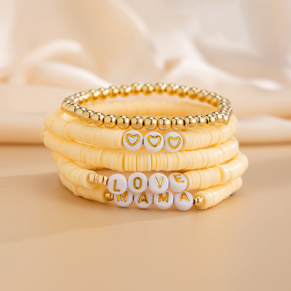 5 Pieces Gold-Plated Artificial Beaded Ceramic Elasticated Bracelet