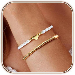 Set Of 2 Gold-Plated Beaded Stainless Steel Link Bracelet