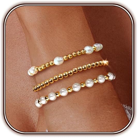 Set Of 3 Gold-Plated Beaded Stainless Steel Elasticated Bracelet