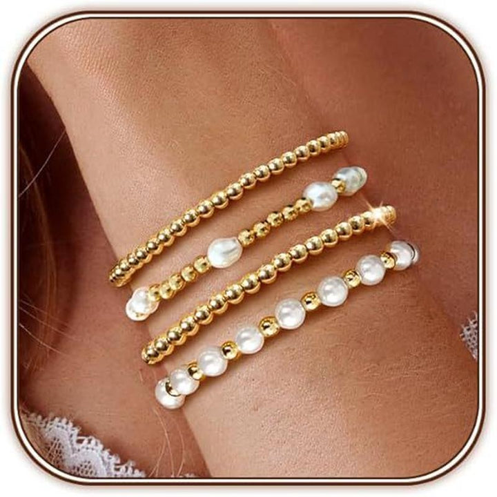 Set Of 4 Gold-Plated Beaded Stainless Steel Wraparound Bracelet