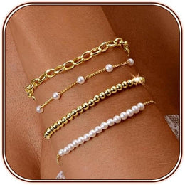 Set Of 4 Stainless Steel Gold-Plated Pearls Link Bracelets