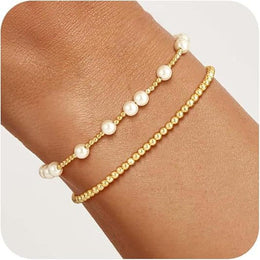 Set Of 2 Gold-Plated Beaded Stainless Steel Link Bracelet