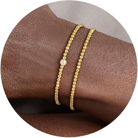 Set Of 2 Gold-Plated Beaded Stainless Steel Wraparound Bracelet