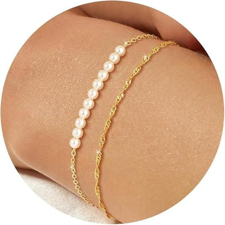 Set Of 2 Stainless Steel Gold-Plated Pearls Wraparound Bracelets