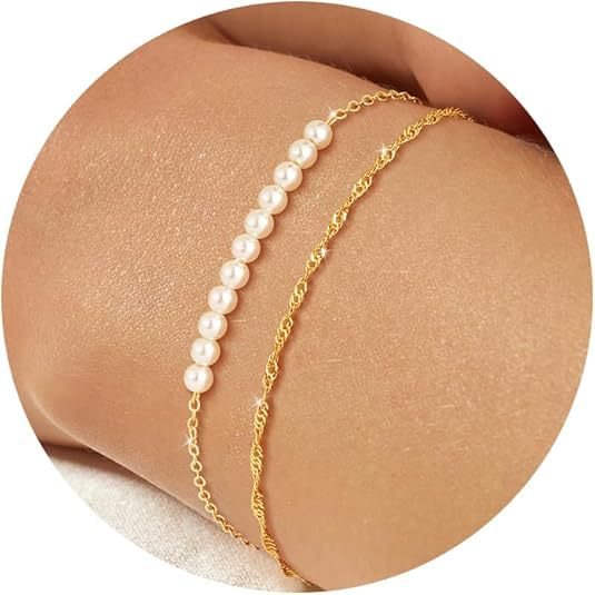 Set Of 2 Stainless Steel Gold-Plated Pearls Wraparound Bracelets