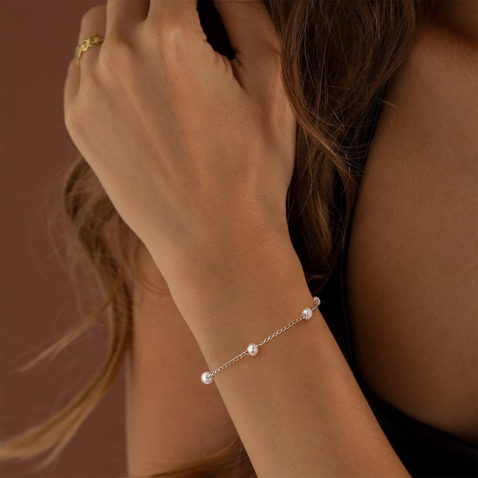 Stainless Steel Silver-Plated Pearls Antique Armlet Bracelet