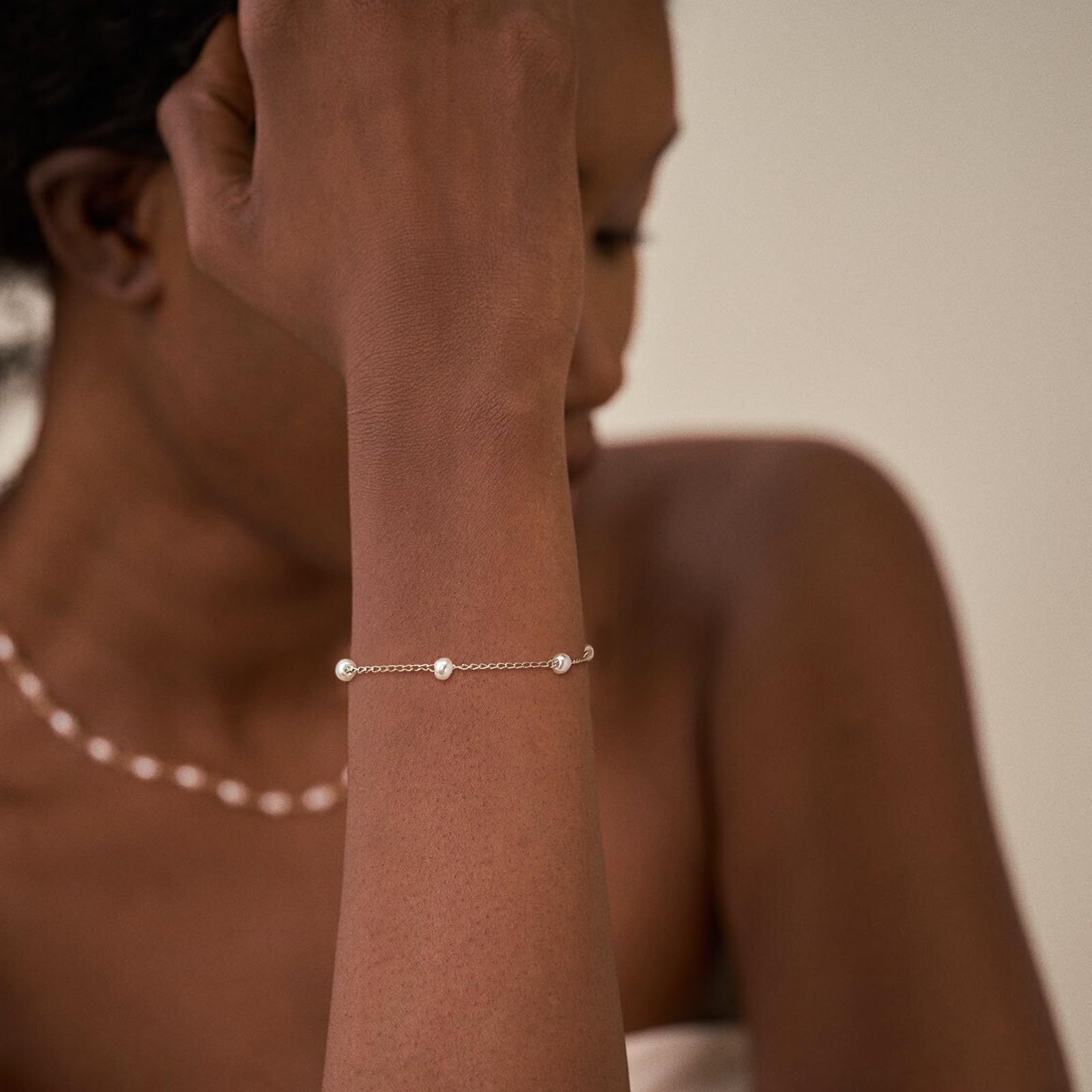 Stainless Steel Silver-Plated Pearls Antique Armlet Bracelet