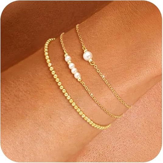 Set Of 3 Gold-Plated Beaded Stainless Steel Link Bracelet