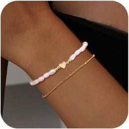Set Of 2 Stainless Steel Gold-Plated Pearls Wraparound Bracelets