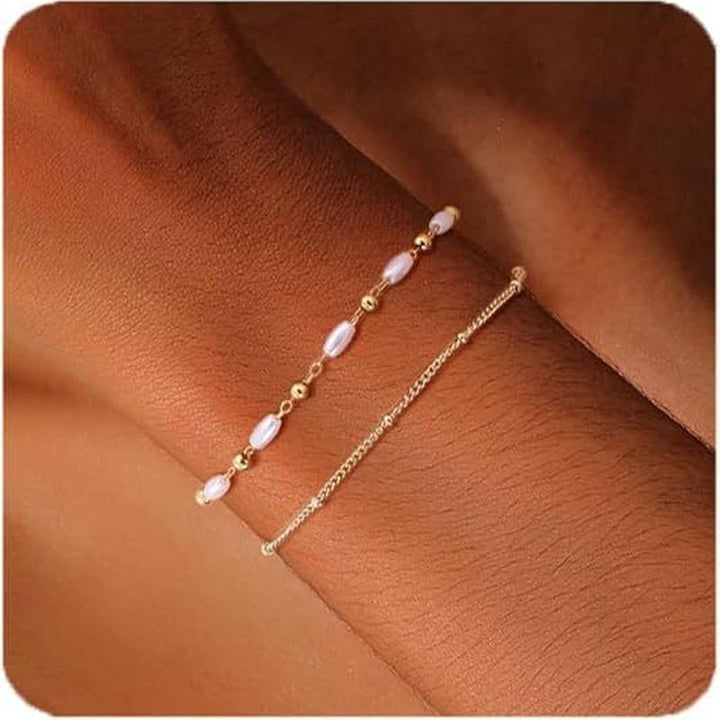 Stainless Steel Gold-Plated Pearls Link Bracelet