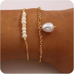 Set Of 2 Stainless Steel Gold-Plated Pearls Link Bracelets