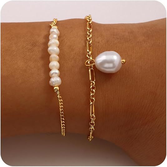 Set Of 2 Stainless Steel Gold-Plated Pearls Link Bracelets