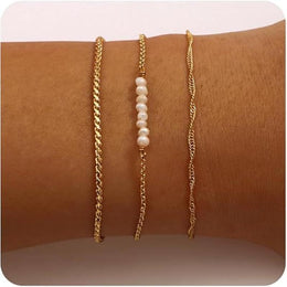 Set Of 3 Stainless Steel Gold-Plated Pearls Armlet Bracelets