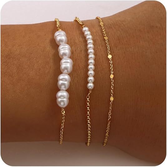 Set Of 3 Gold-Plated Beaded Stainless Steel Link Bracelet