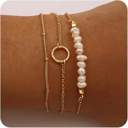 Set Of 3 Stainless Steel Gold-Plated Pearls Antique Link Bracelets