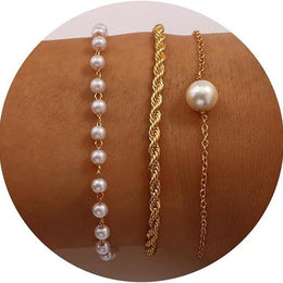 Set Of 3 Stainless Steel Gold-Plated Pearls Armlet Bracelets