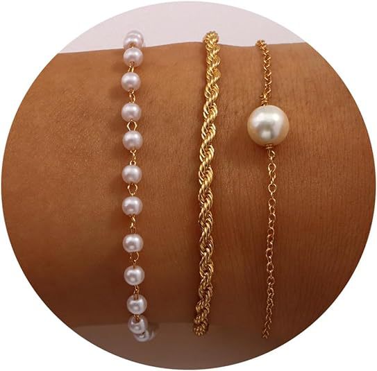 Set Of 3 Stainless Steel Gold-Plated Pearls Armlet Bracelets