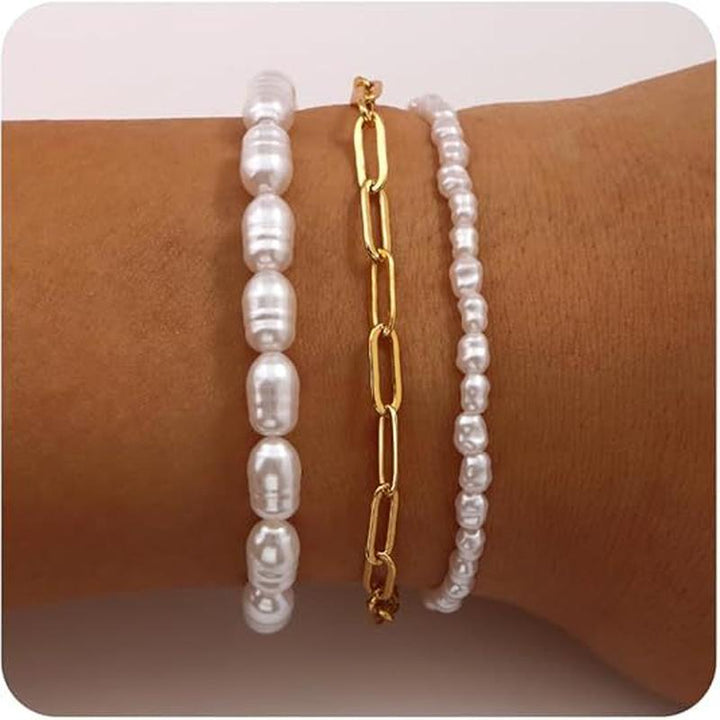 Stainless Steel Gold-Plated Pearls Armlet Bracelet
