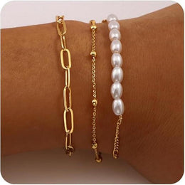 Set Of 3 Stainless Steel Gold-Plated Pearls Armlet Bracelets