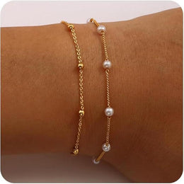Set Of 2 Stainless Steel Gold-Plated Pearls Armlet Bracelets