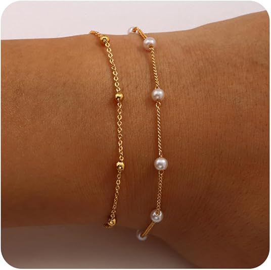 Set Of 2 Stainless Steel Gold-Plated Pearls Armlet Bracelets