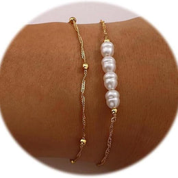 Set Of 2 Gold-Plated Beaded Stainless Steel Link Bracelet