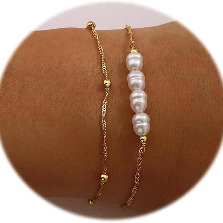 Set Of 2 Gold-Plated Beaded Stainless Steel Link Bracelet