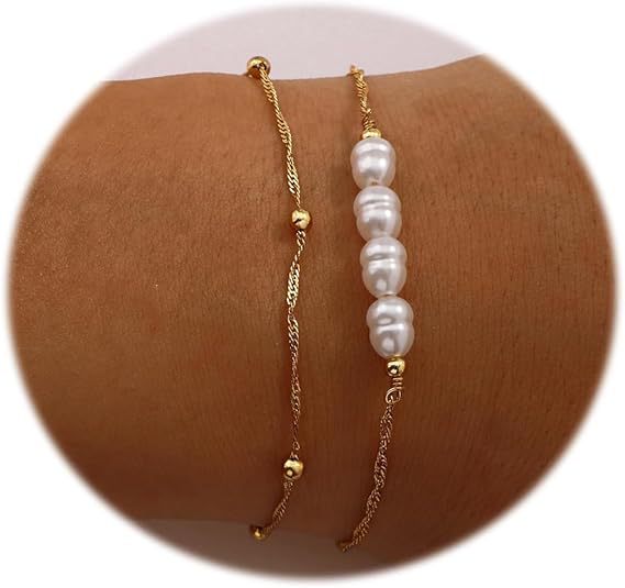Set Of 2 Gold-Plated Beaded Stainless Steel Link Bracelet