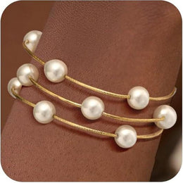 Set Of 3 Stainless Steel Gold-Plated Pearls Antique Ring Bracelets