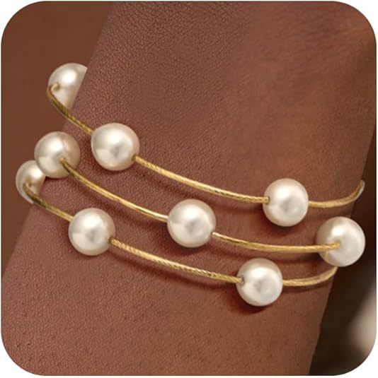Set Of 3 Stainless Steel Gold-Plated Pearls Antique Ring Bracelets