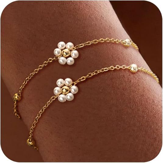 Set Of 2 Stainless Steel Gold-Plated Pearls Link Bracelets