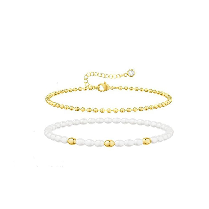 Set Of 2 Stainless Steel Gold-Plated Pearls Armlet Bracelets