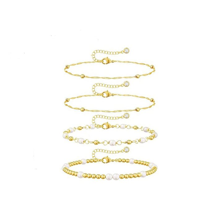 Set Of 4 Stainless Steel Gold-Plated Pearls Antique Armlet Bracelets