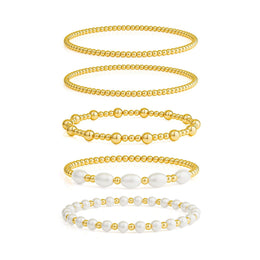 Set Of 5 Gold-Plated Beaded Stainless Steel Elasticated Bracelet