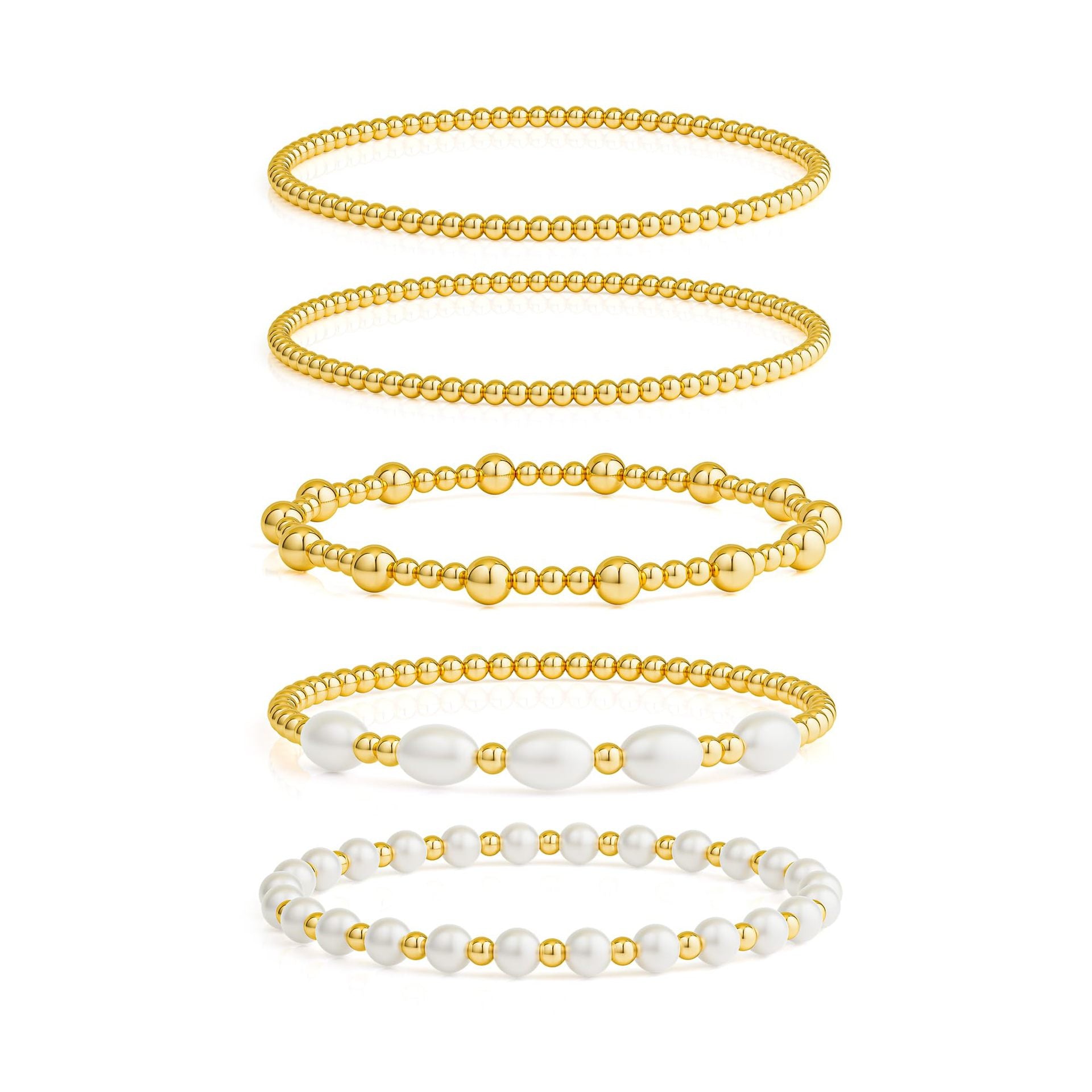 Set Of 5 Gold-Plated Beaded Stainless Steel Elasticated Bracelet