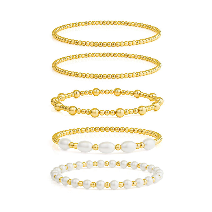 Set Of 5 Gold-Plated Beaded Stainless Steel Elasticated Bracelet