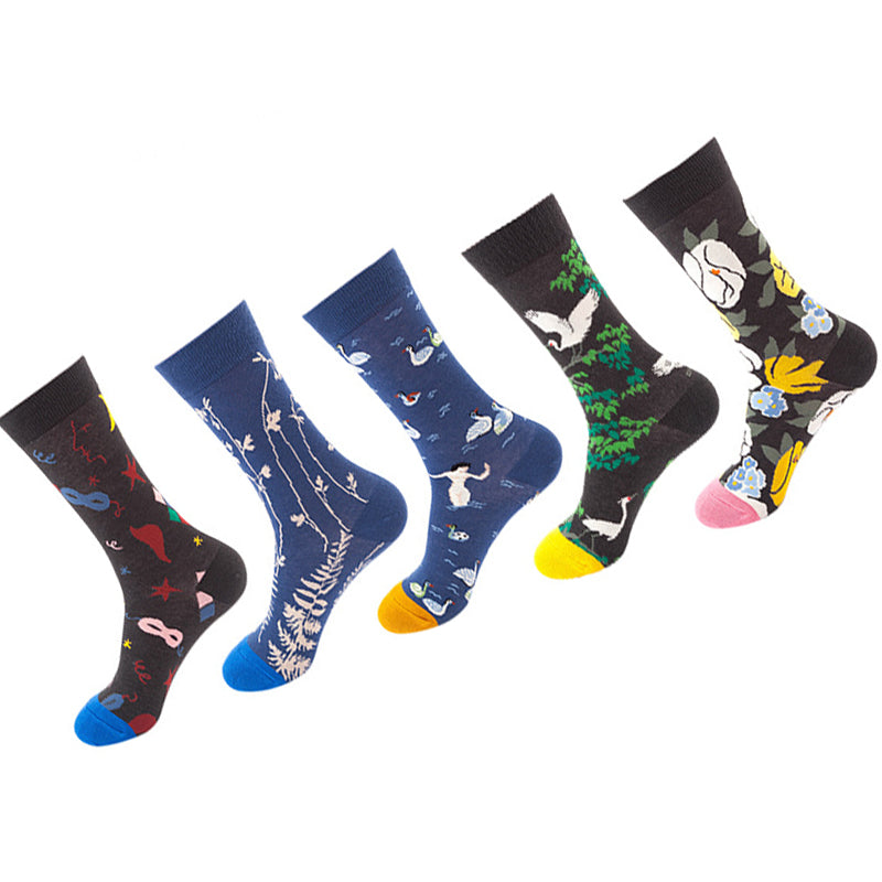 Women Pack Of 5 Patterned Cotton Calf Length Socks