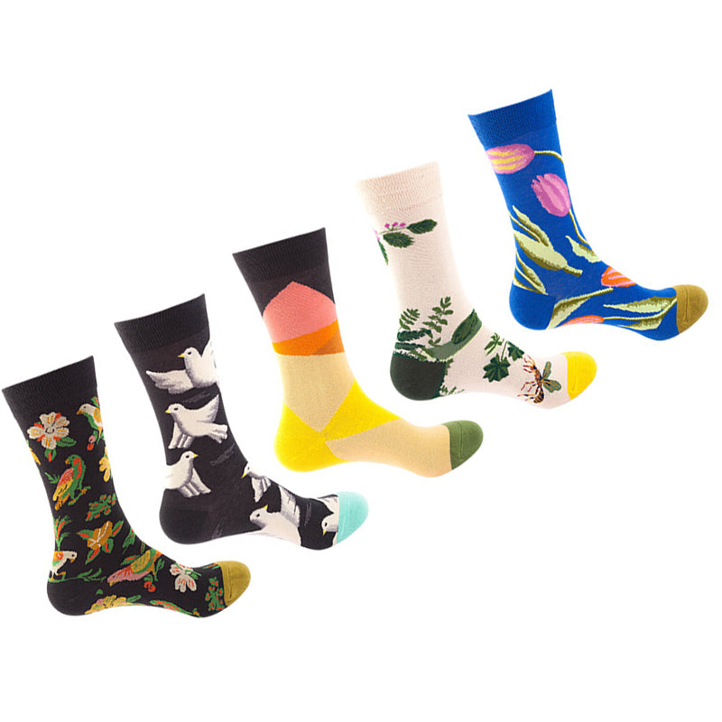 Women Pack Of 5 Patterned Cotton Calf Length Socks