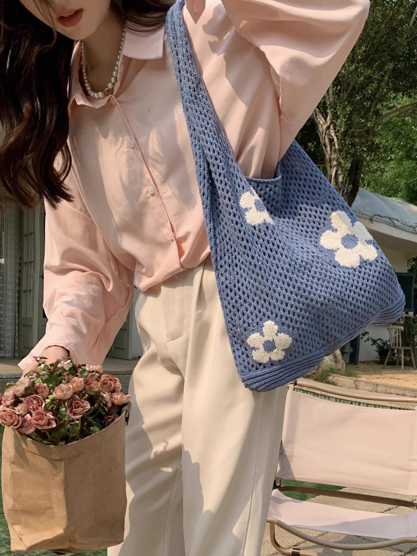Blue Printed One Handle Shoulder Bag