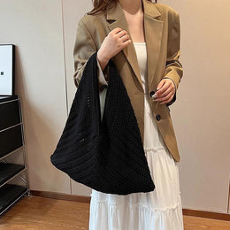 Black Solid Two Handles Handheld Bag